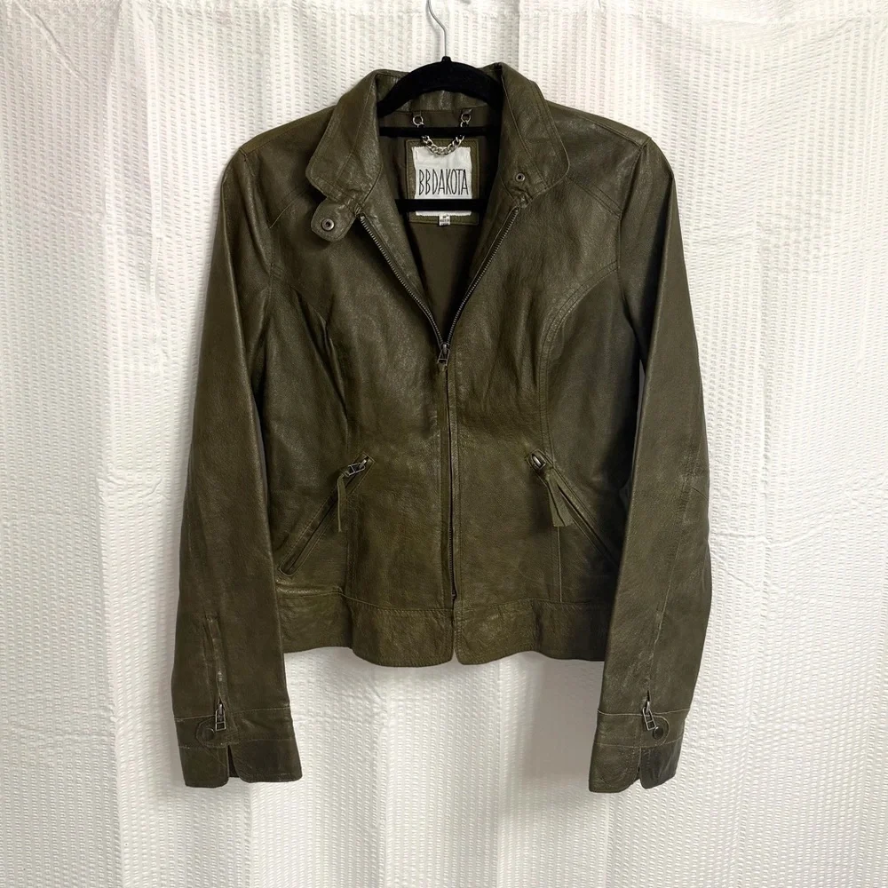 $275 BB Dakota Womens Size M LEATHER Olive Green Coat Jacket Nordstrom Zip up